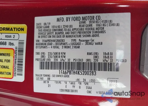 2019 Ford Mustang Ecoboost из США, поврежденный, VIN 1FA6P8TH4K5200283